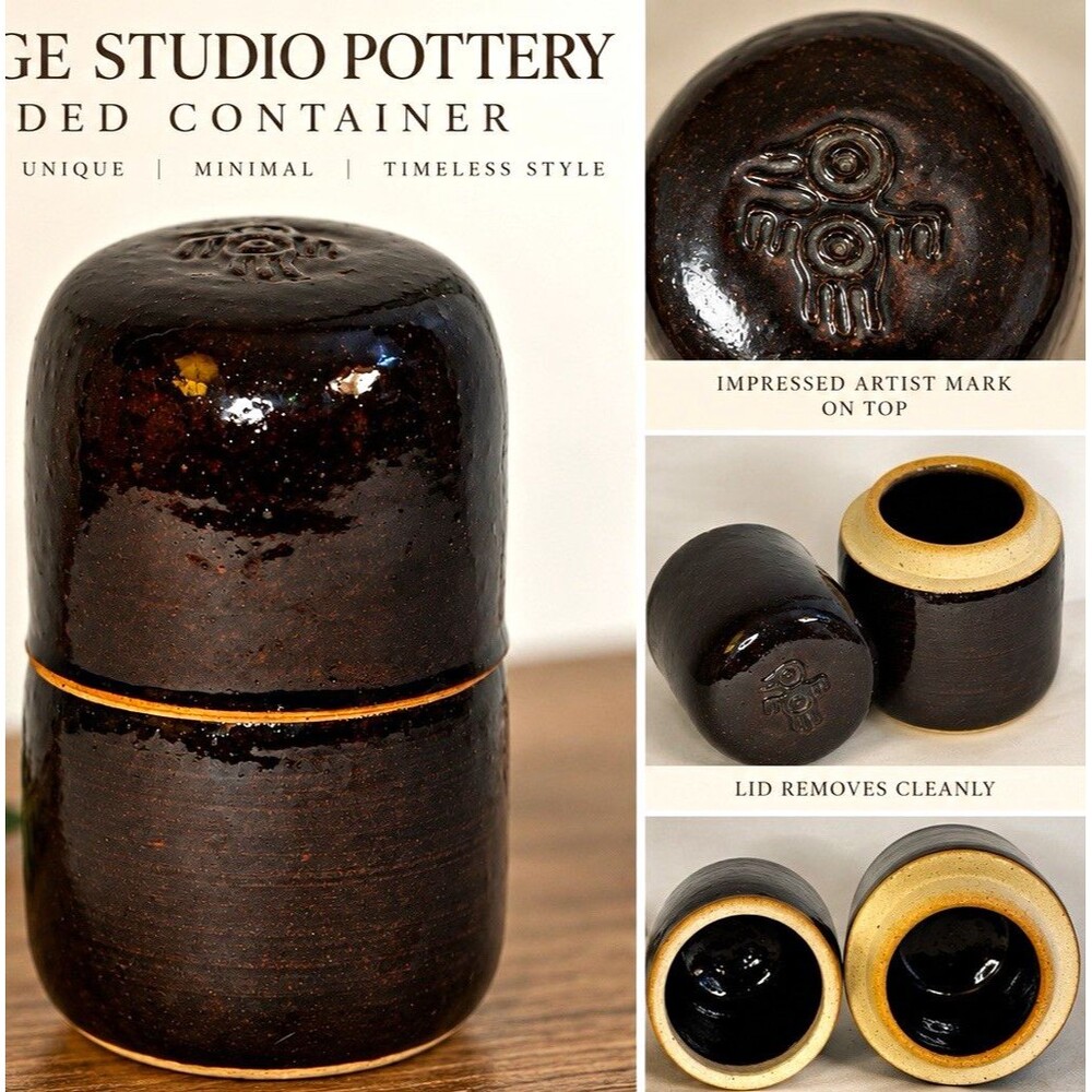 Vintage Studio Pottery Lidded Jar Dark Brown Glazed Stoneware Signed Artisan